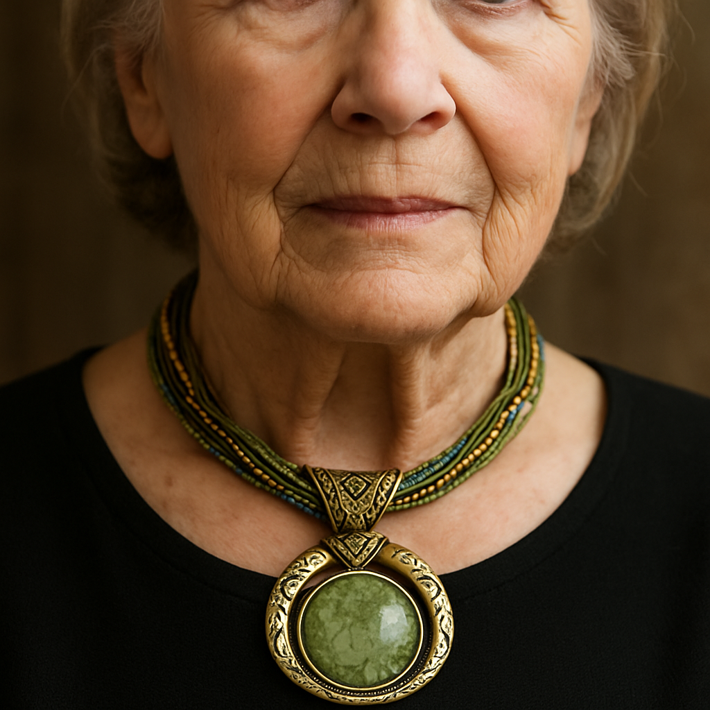 Retro Necklace with Ethno Pendant in Green Crystal