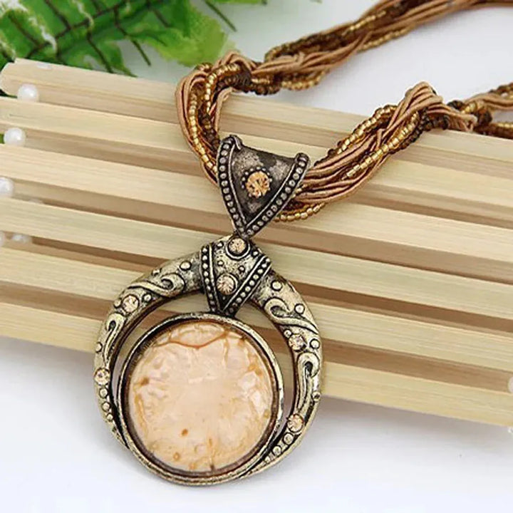 Retro Necklace with Ethno Pendant in Green Crystal