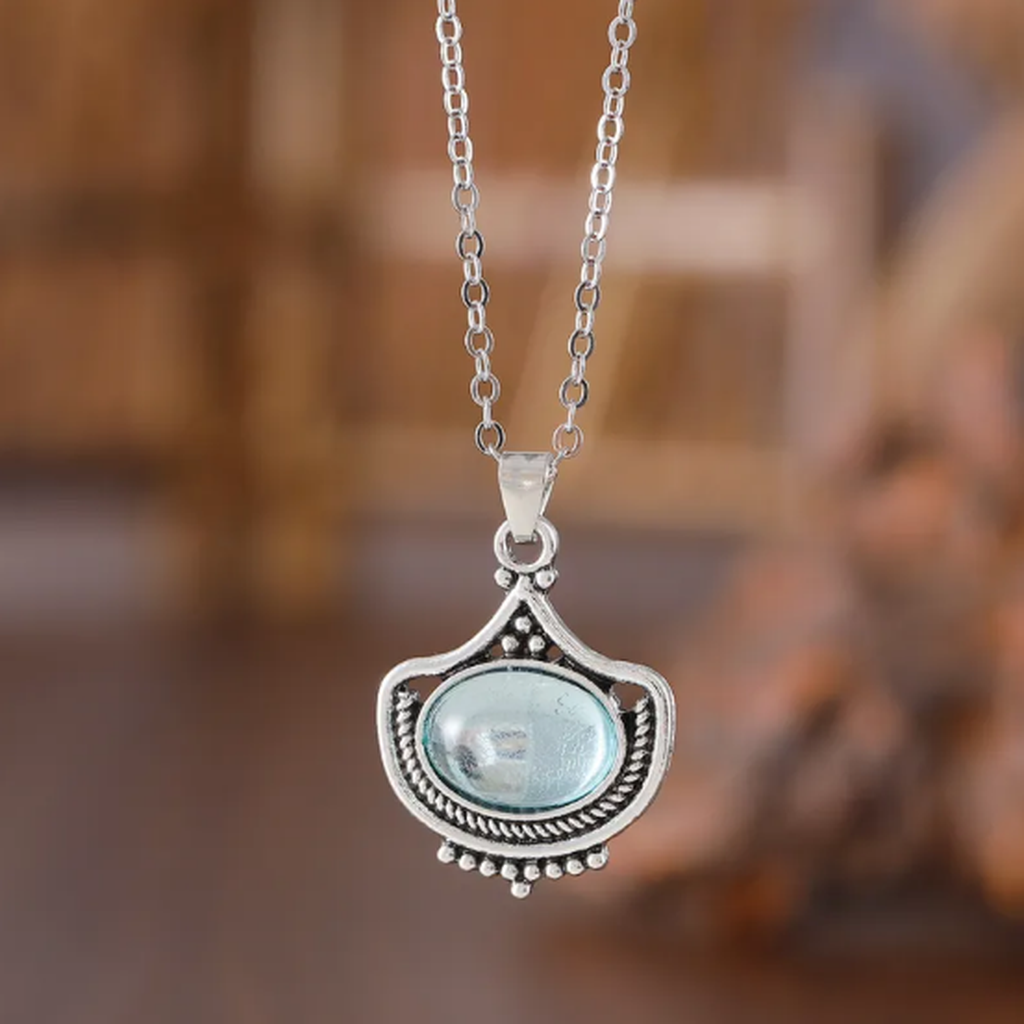 Retro Necklace and Earrings with Blue Oval Gemstones