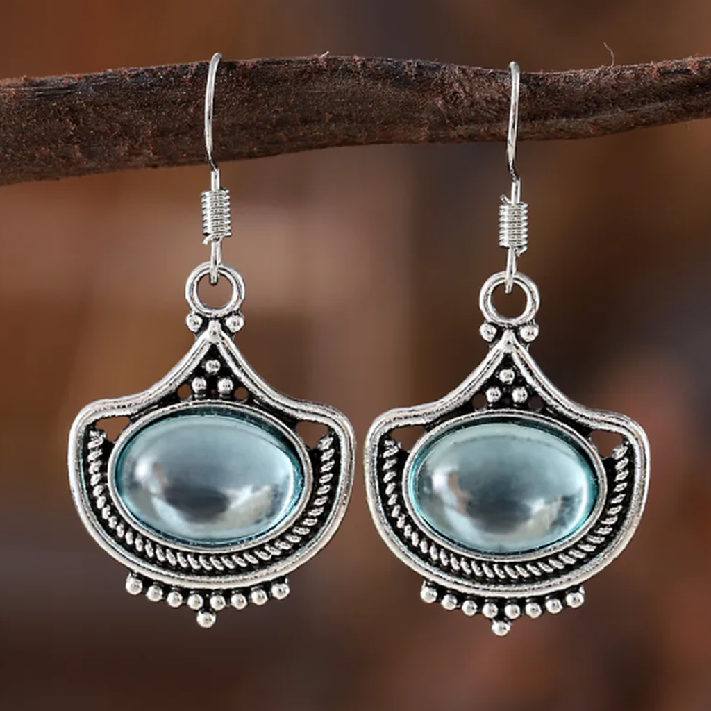 Retro Necklace and Earrings with Blue Oval Gemstones