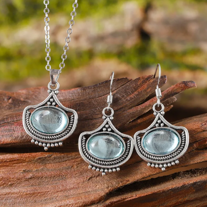 Retro Necklace and Earrings with Blue Oval Gemstones