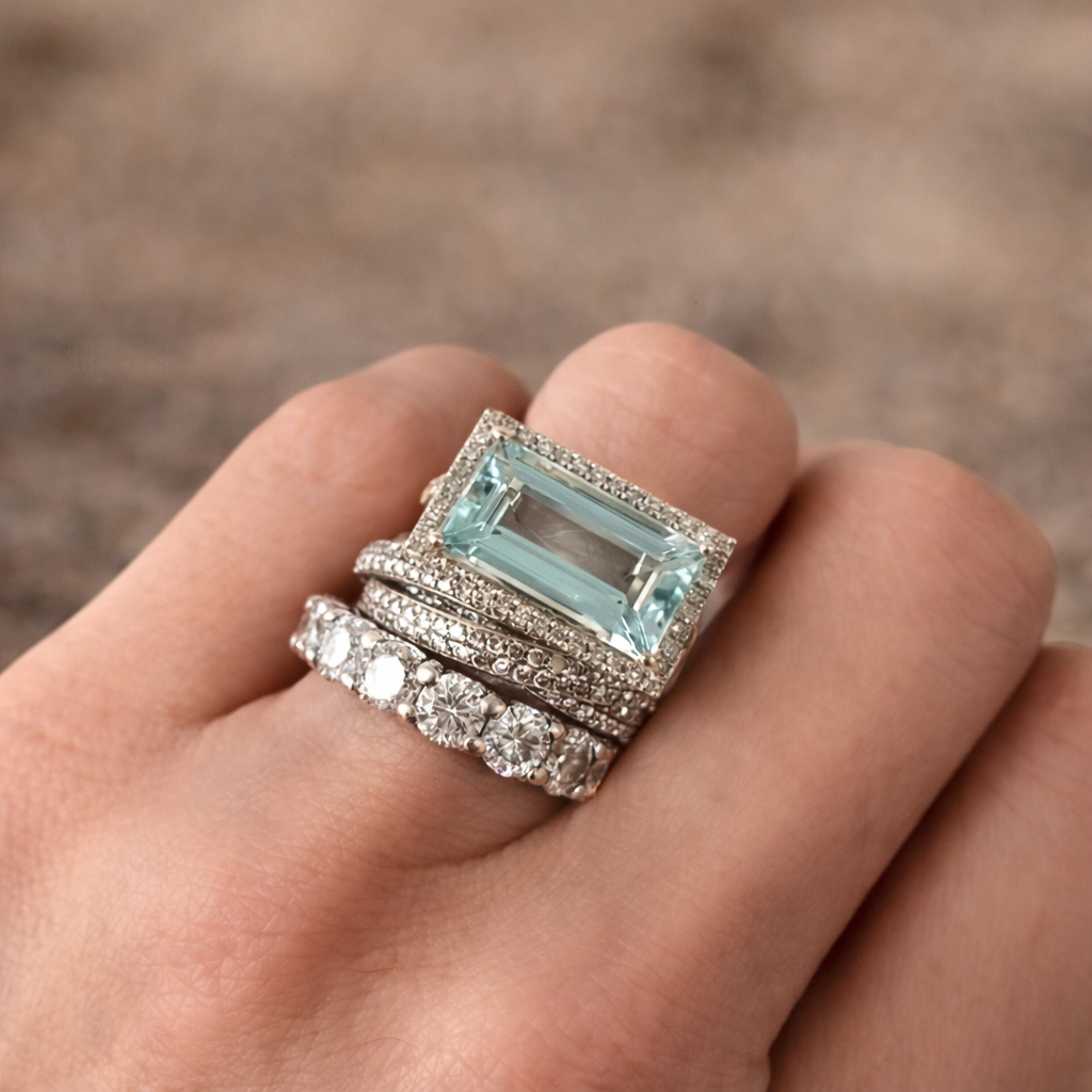 Retro Ring Set in White Gold with Turquoise Glass Stone