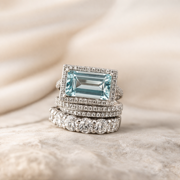 Retro Ring Set in White Gold with Turquoise Glass Stone