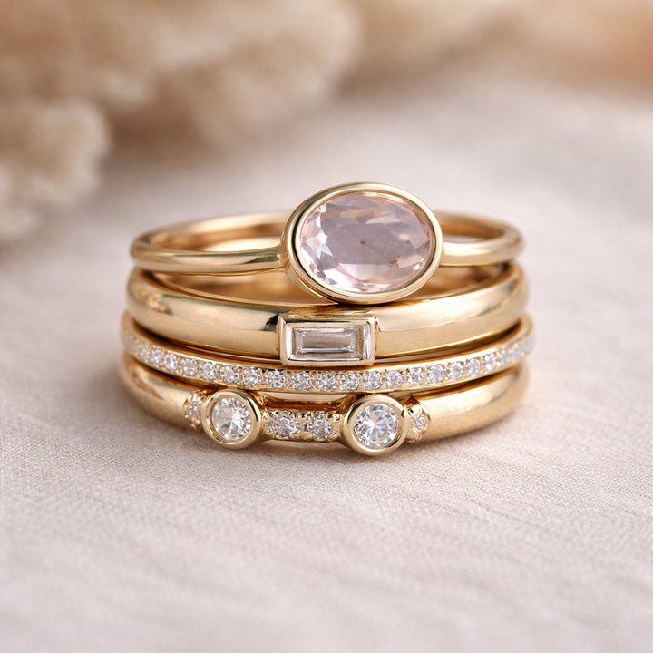 Retro Ring Set in Gold with Diamonds
