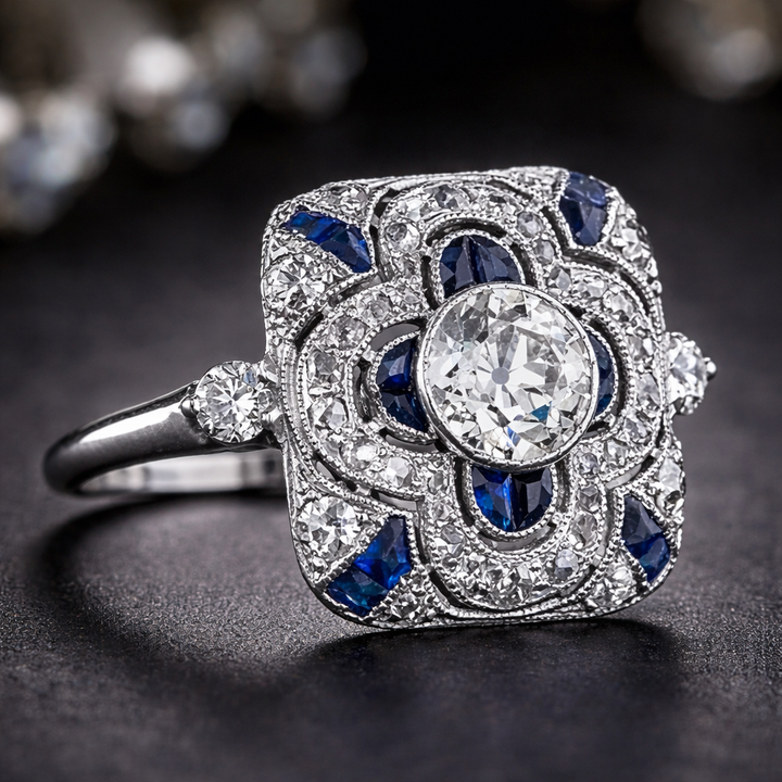 Retro Ring in White Gold with Blue Diamonds