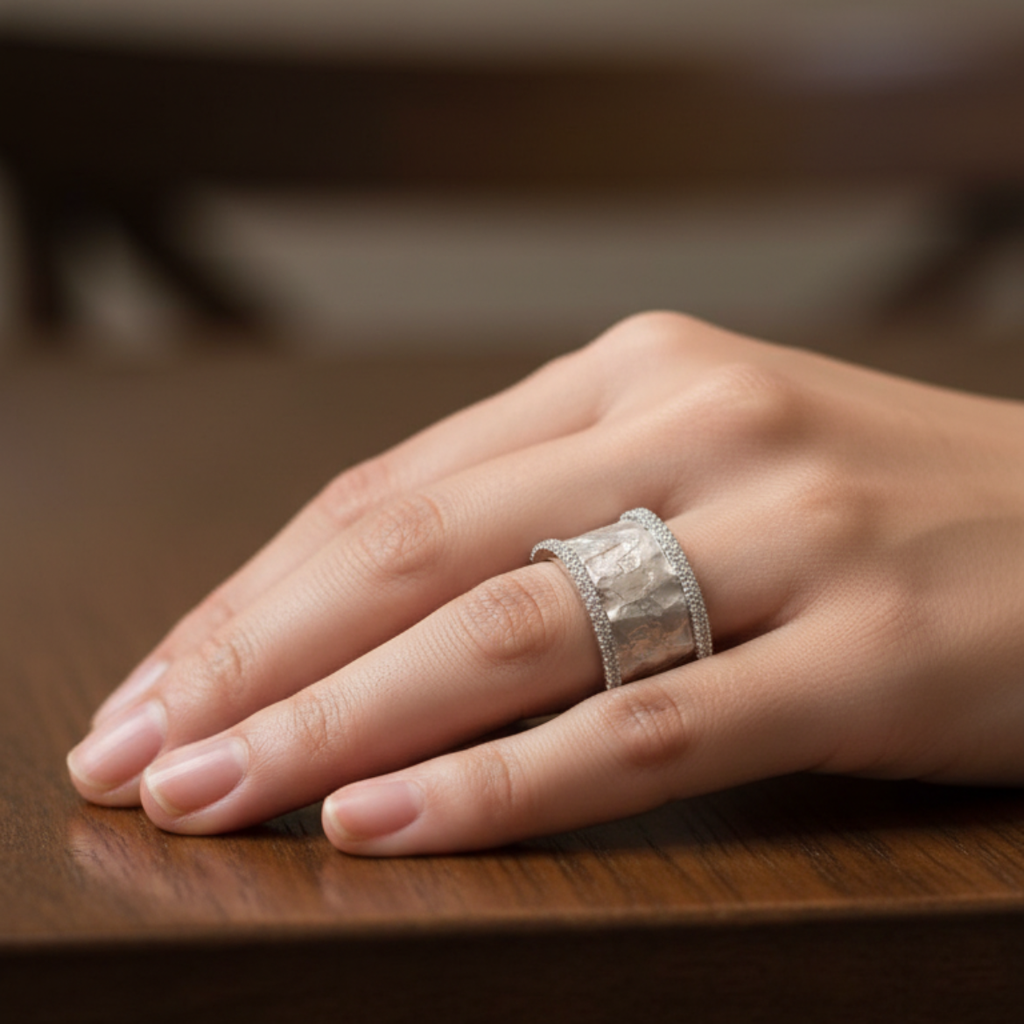 Retro ring with diamonds in white gold
