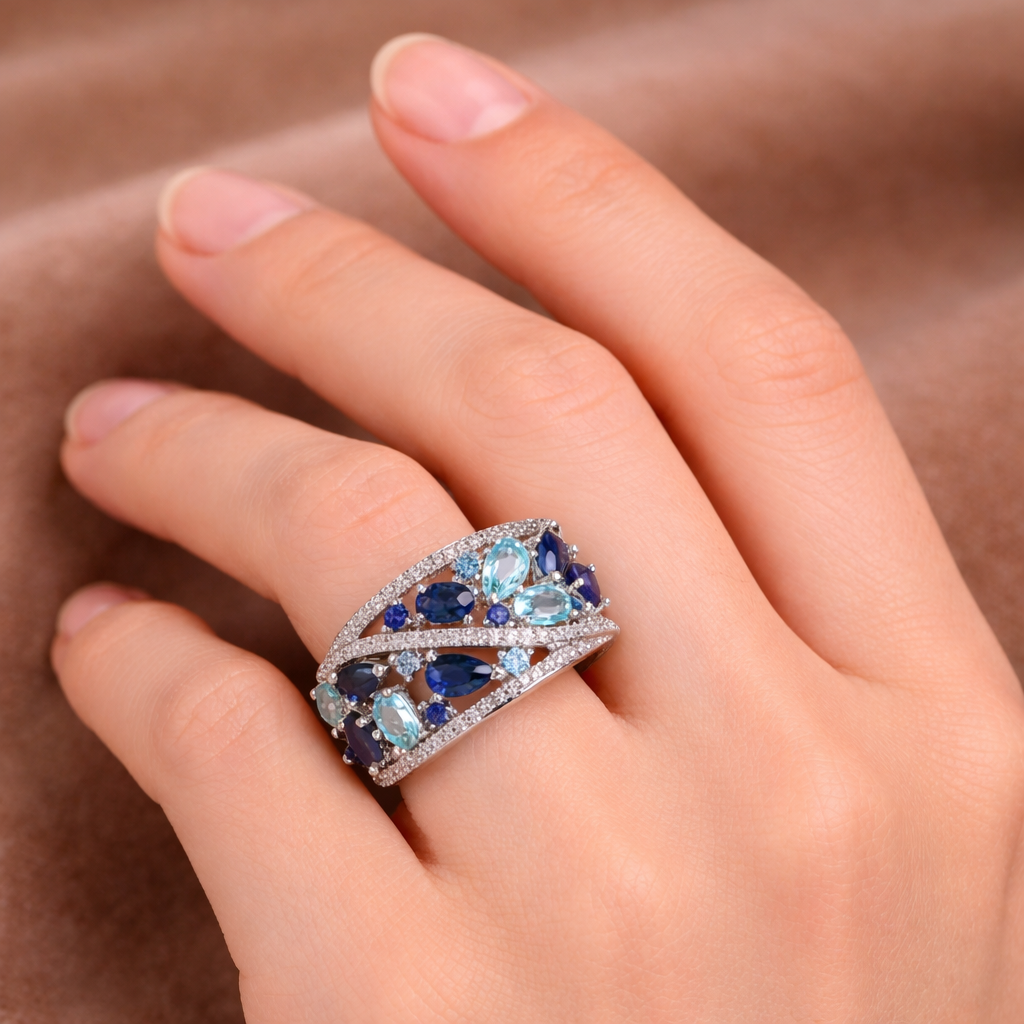 Retro Ring with Blue Diamonds