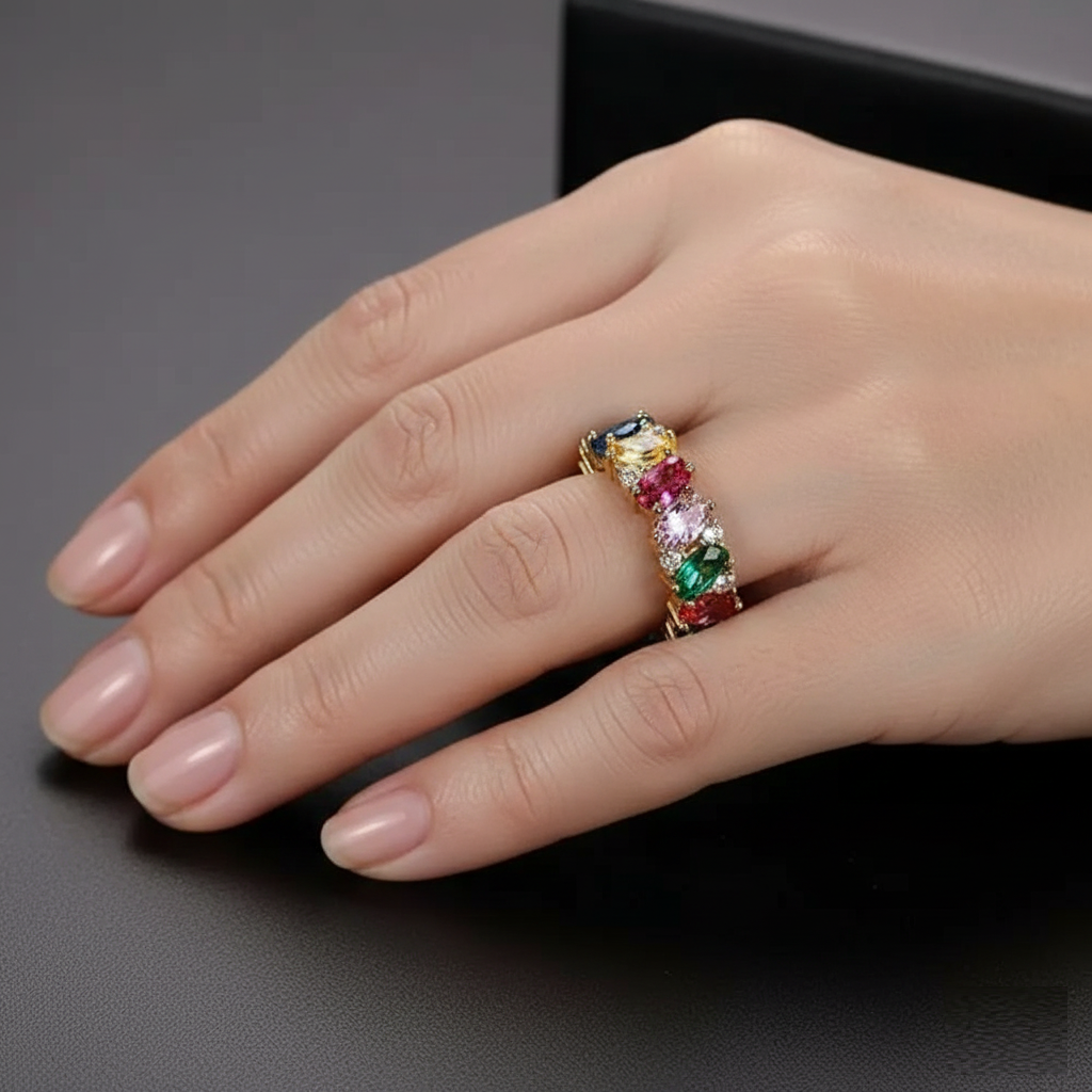 Retro Ring with Multicoloured Diamonds
