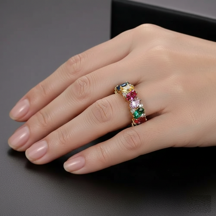 Retro Ring with Multicoloured Diamonds