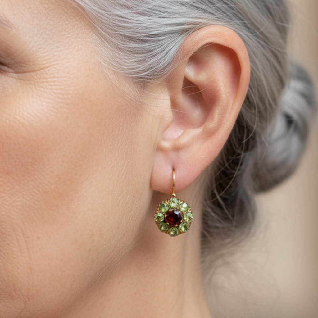 Retro Round Earrings with Green and Red Crystals