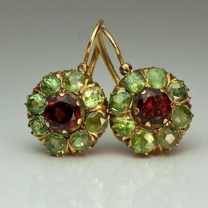 Retro Round Earrings with Green and Red Crystals