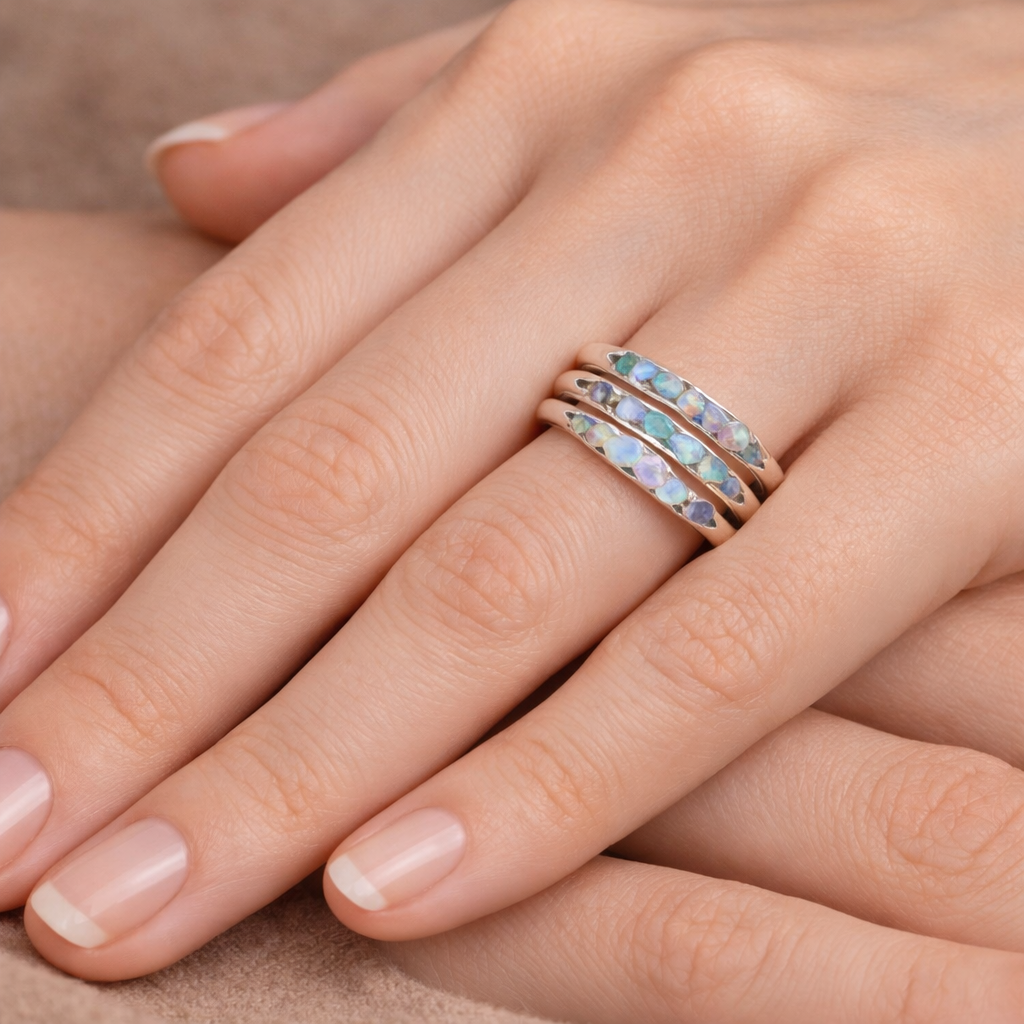 Retro White Gold Ring with Multi-Row Blue Stones