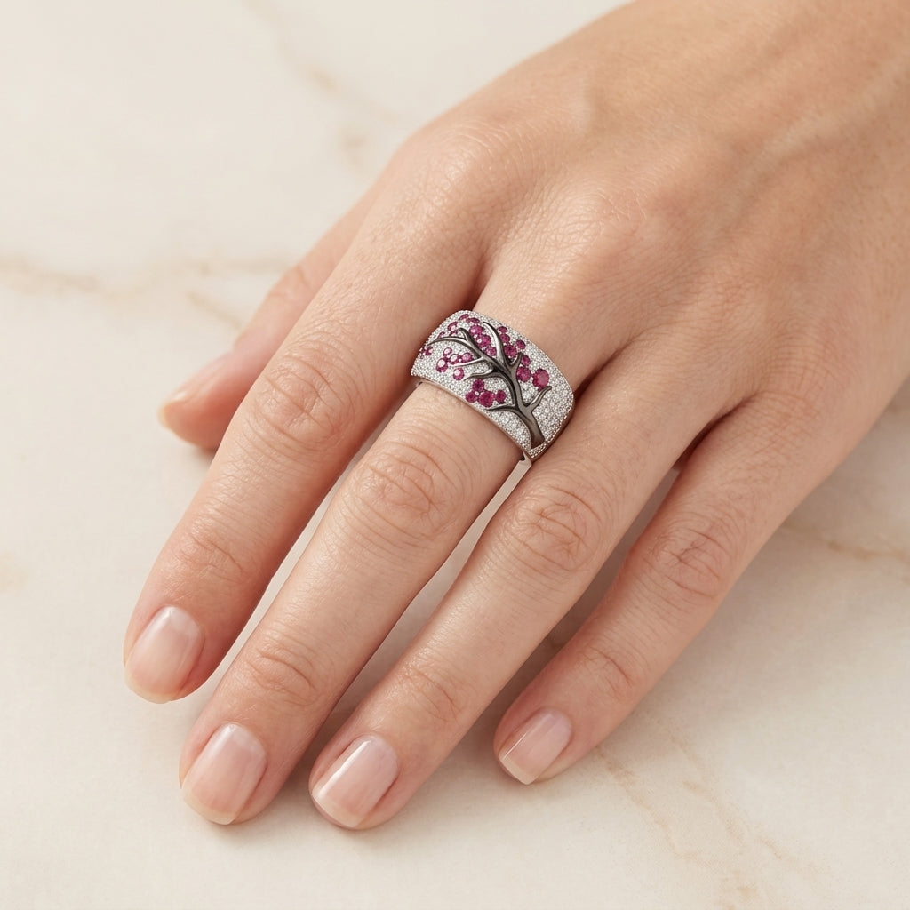 Ring with Ruby and Flowers | White Gold