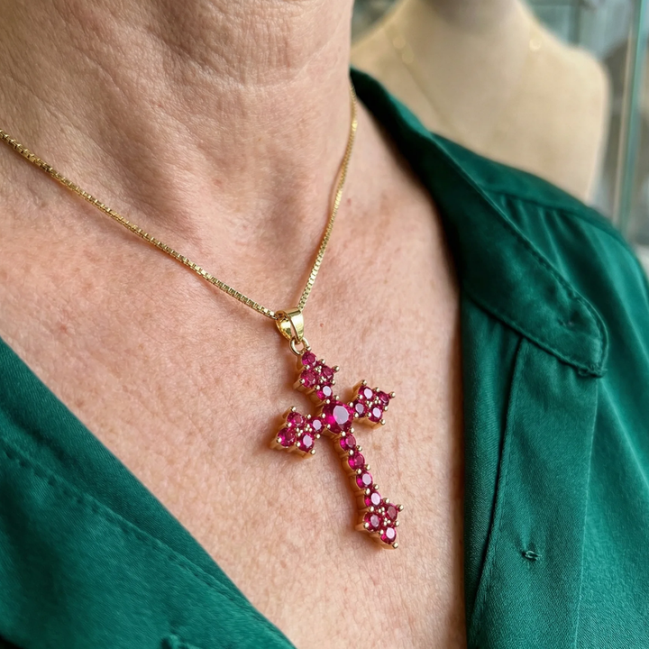 Rose Cluster Cross Necklace | White Gold