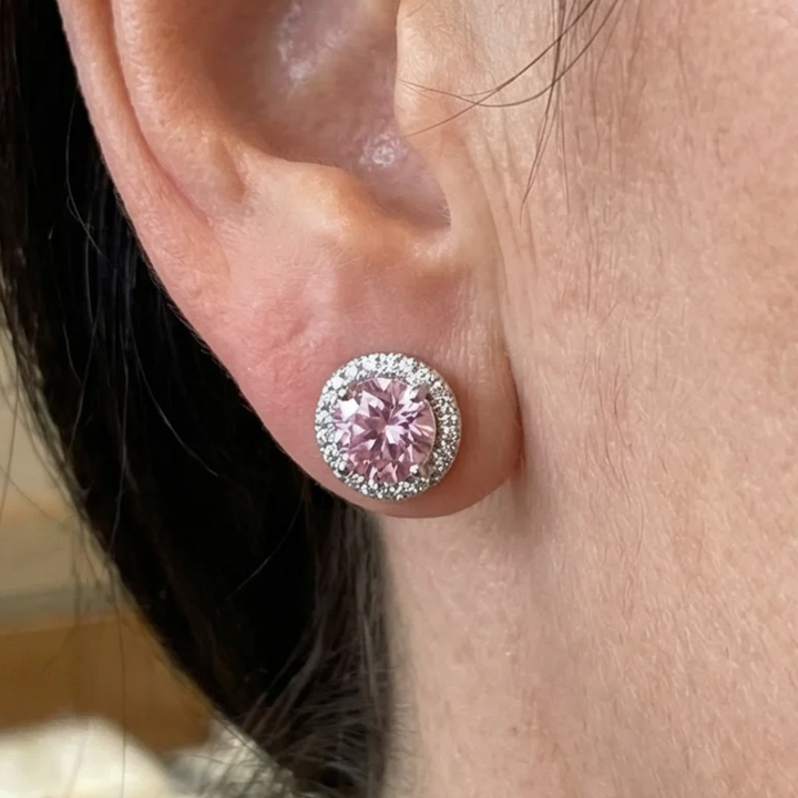 Round Pavé Stud Earrings in Pink | White Gold