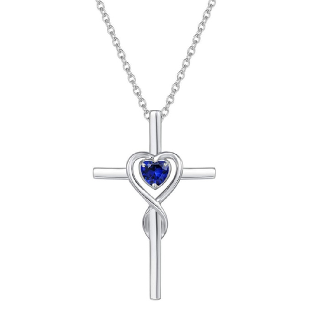 Sapphire Heart Stone Cross Necklace | White Gold