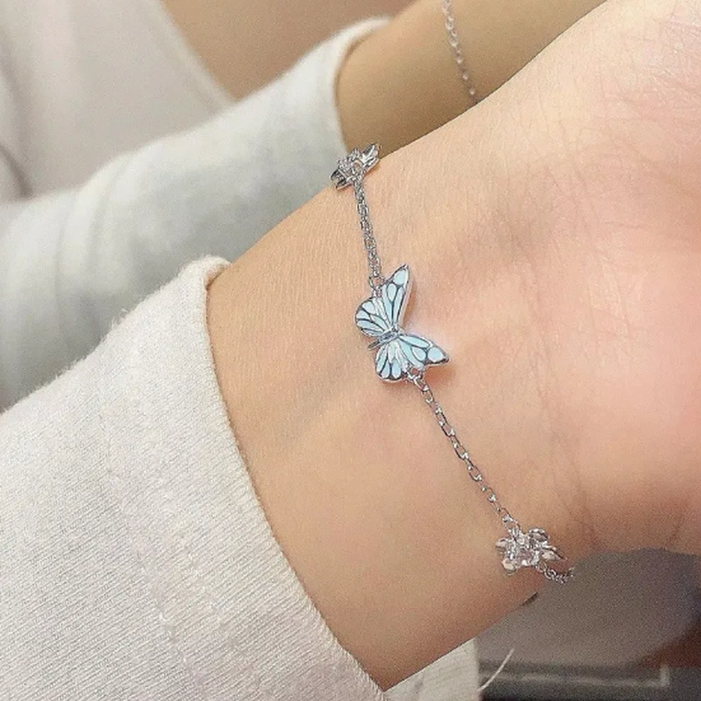 Set Necklace and Bracelet with Glowing Blue Butterfly