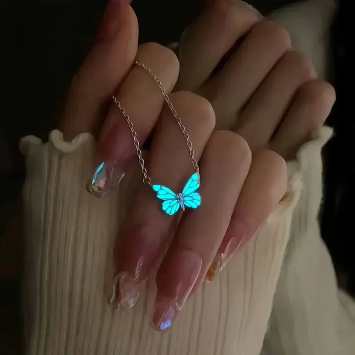 Set Necklace and Bracelet with Glowing Blue Butterfly