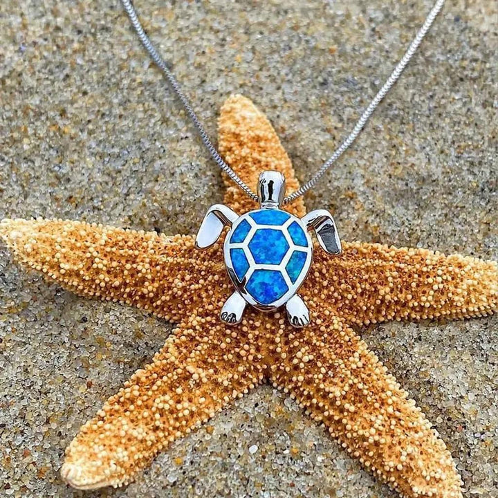 Set: Necklace and Earrings with Sea Turtle in Opal and Silver