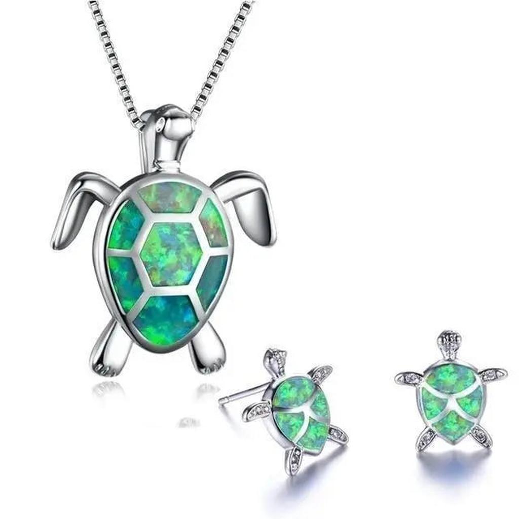 Set: Necklace and Earrings with Sea Turtle in Opal and Silver