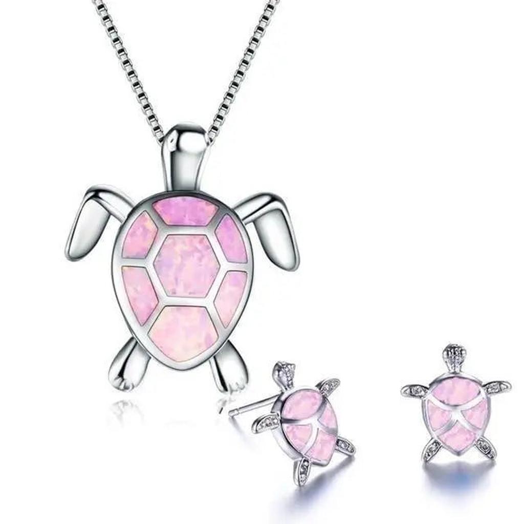 Set: Necklace and Earrings with Sea Turtle in Opal and Silver