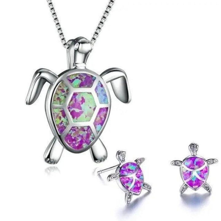 Set: Necklace and Earrings with Sea Turtle in Opal and Silver