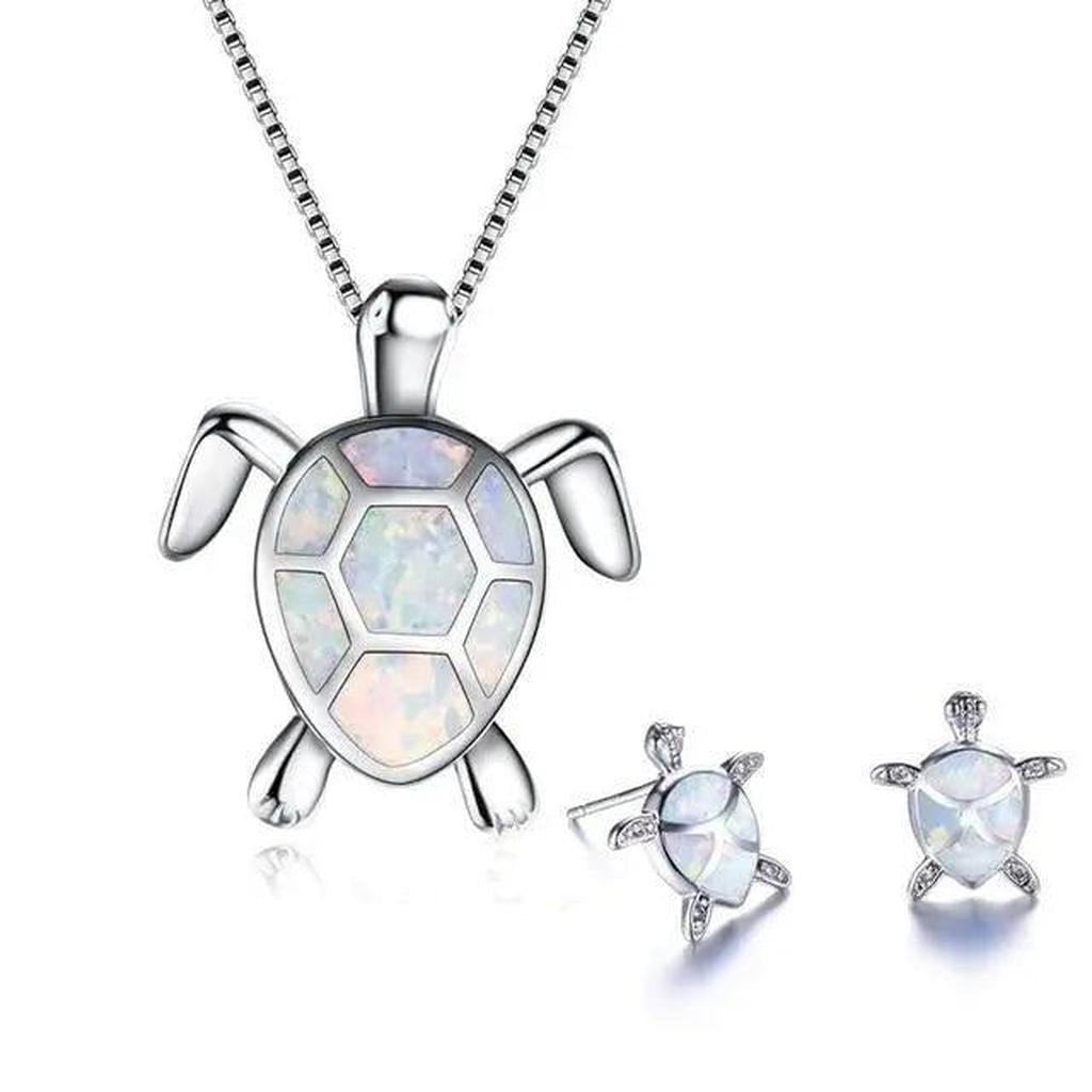 Set: Necklace and Earrings with Sea Turtle in Opal and Silver