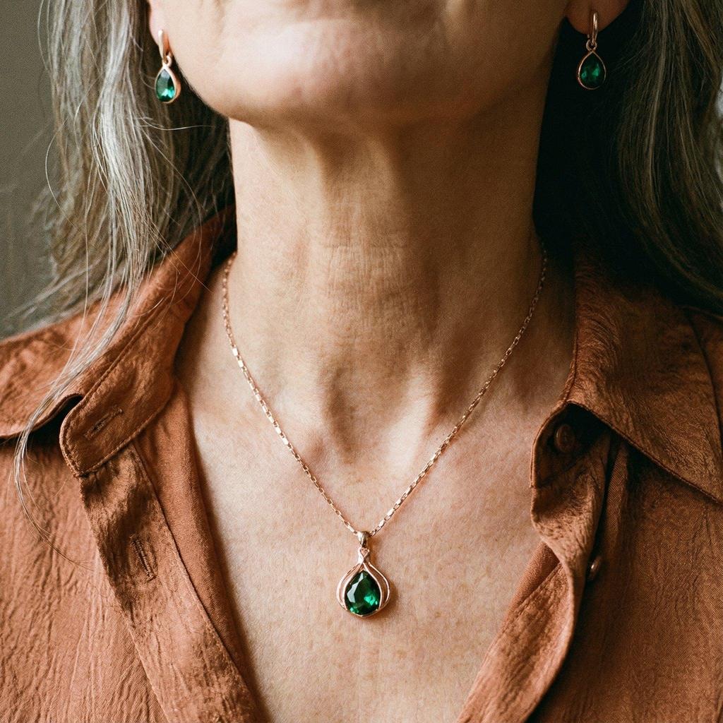 Set of Necklace & Earrings made of Green Crystal and Gold