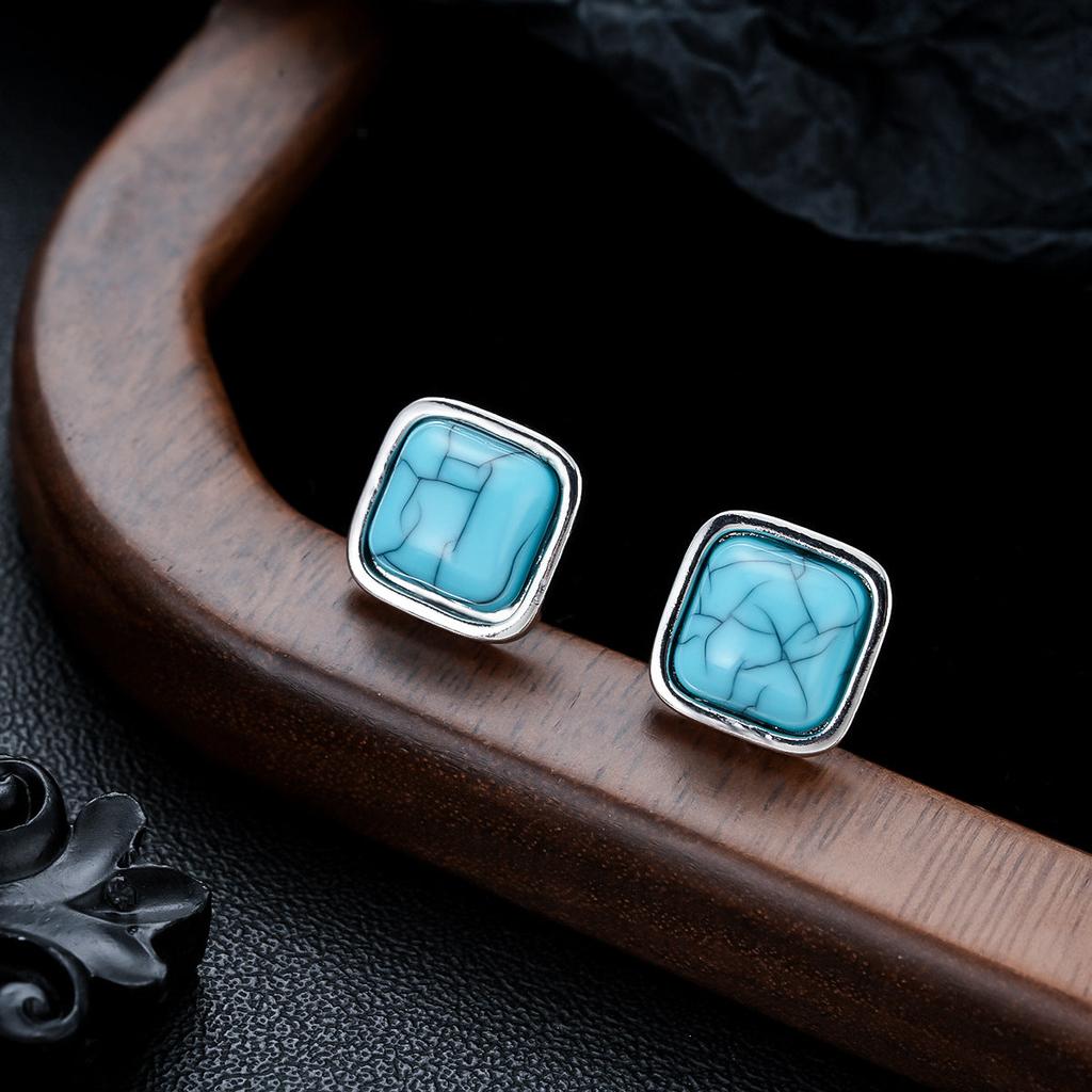 Turquoise Square Stud Earrings | White Gold