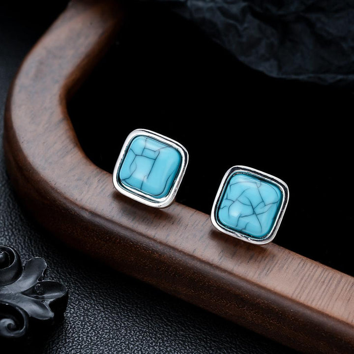 Turquoise Square Stud Earrings | White Gold