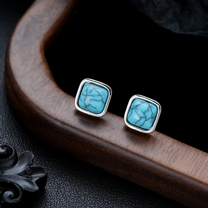 Turquoise Square Stud Earrings | White Gold