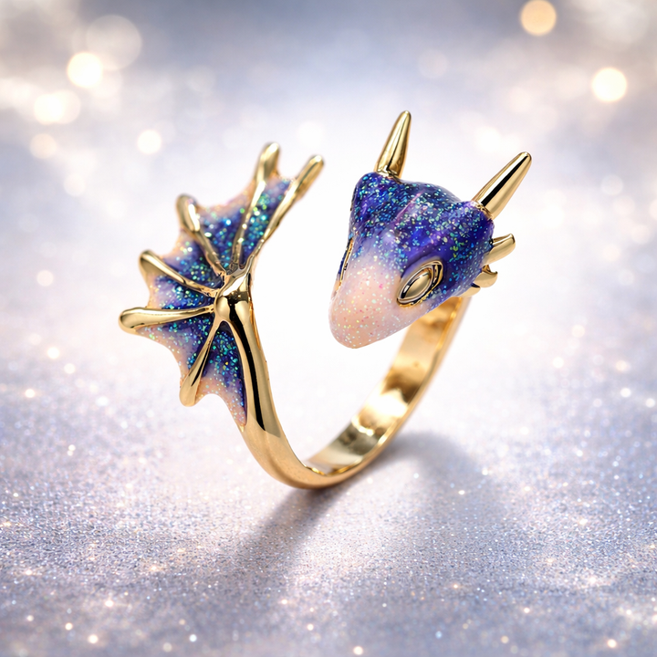 Adjustable Dragon Ring in White Gold and Handcrafted Enamel