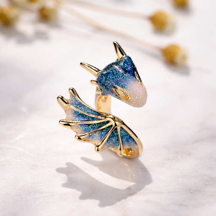 Adjustable Dragon Ring in White Gold and Handcrafted Enamel
