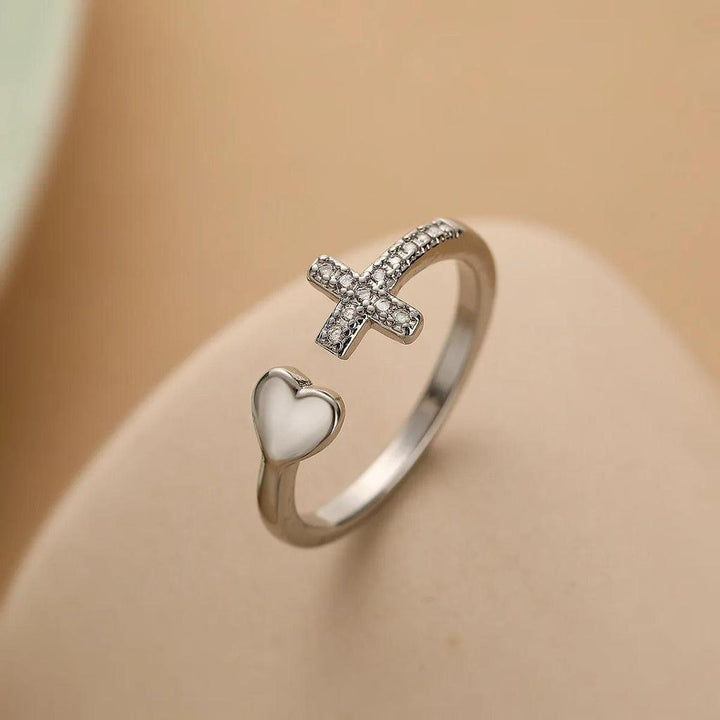 Adjustable Retro Cross Ring in White Gold "Love"