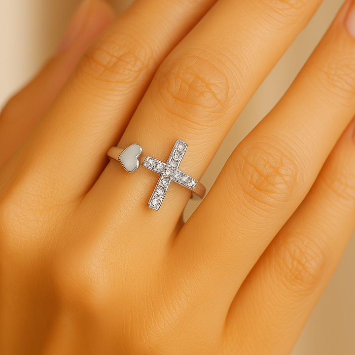 Adjustable Retro Cross Ring in White Gold "Love"