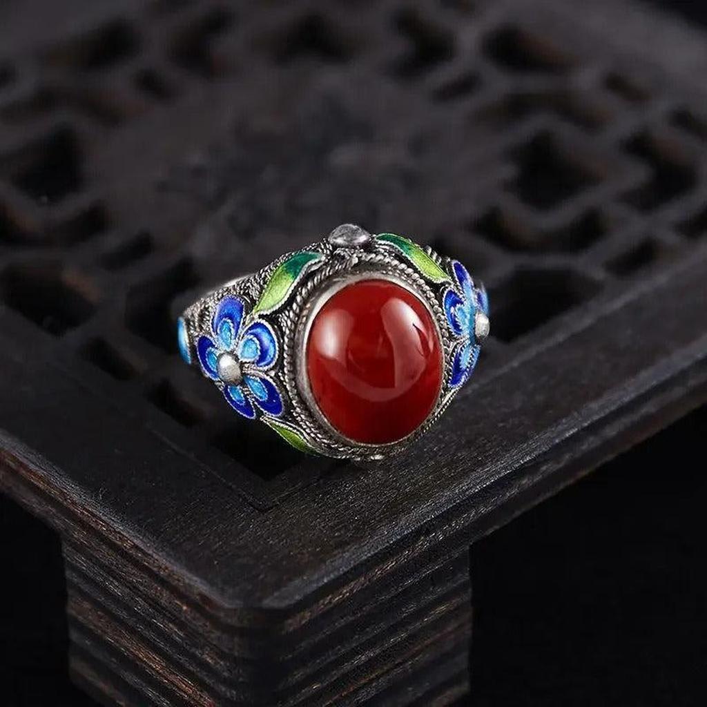 Adjustable Retro Ring with White Gold and Red Tourmaline
