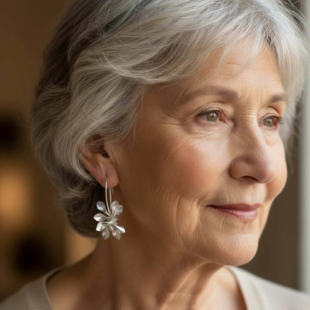 Vintage earrings made of white gold with irregular flowers