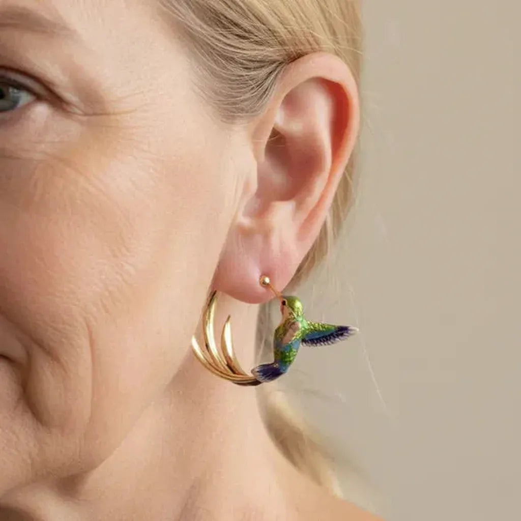 Vintage Earrings with Hummingbird in Enamel