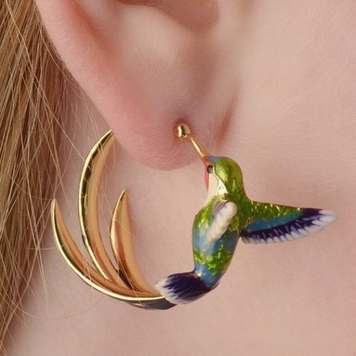 Vintage Earrings with Hummingbird in Enamel