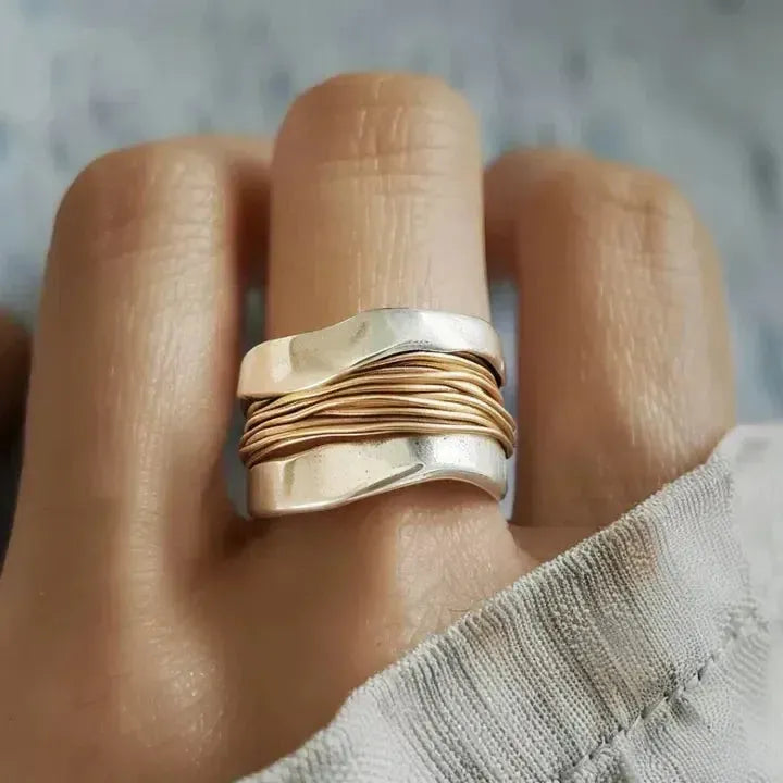 White Gold Ring with Gold Threads