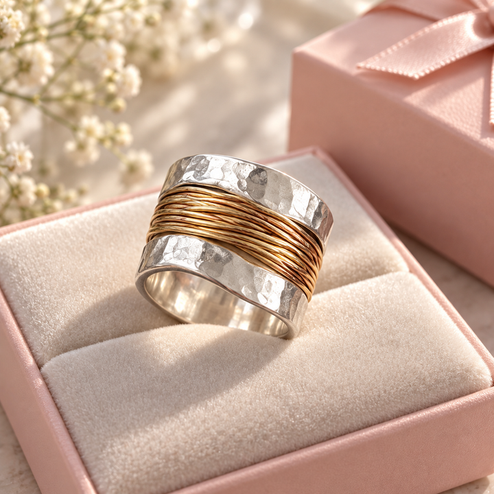 White Gold Ring with Gold Threads