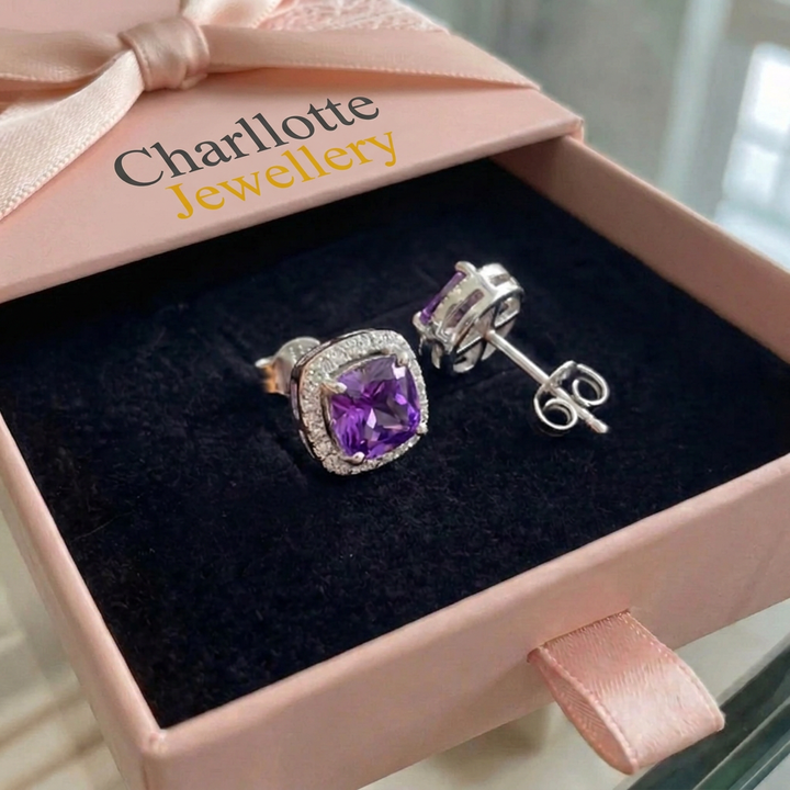 Amethyst Square Pave Stud Earrings | White Gold
