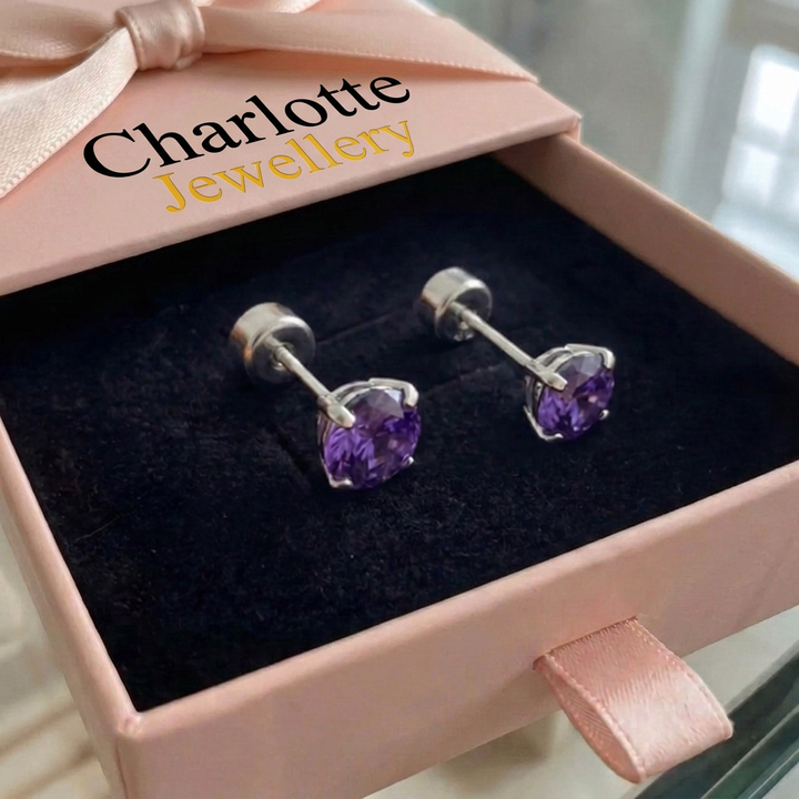 Amethyst Round Studs | White Gold