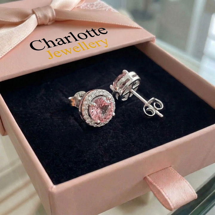 Round Pavé Stud Earrings in Pink | White Gold
