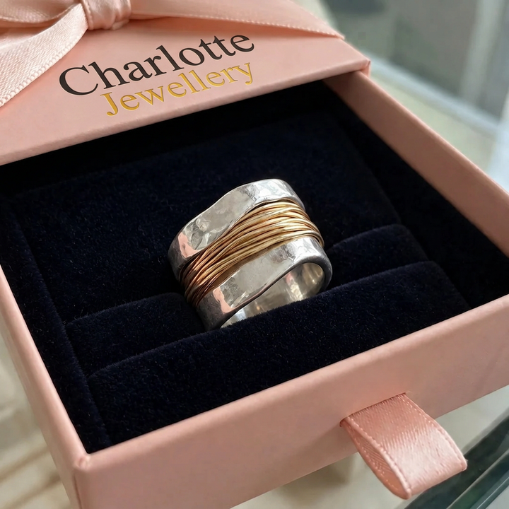 White Gold Ring with Gold Threads