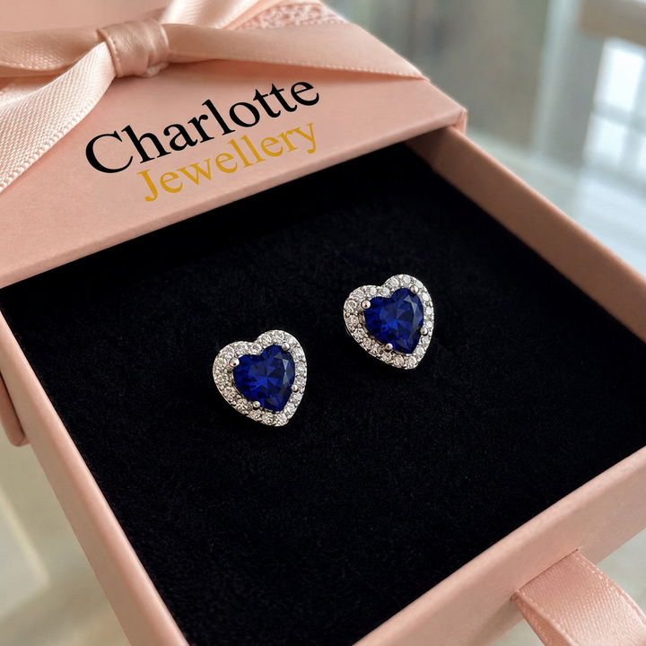 Sapphire Heart Stud Earrings | White Gold