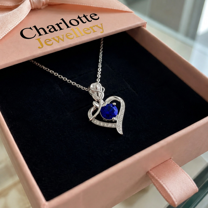 Sapphire Rose Heart Pendant | White Gold