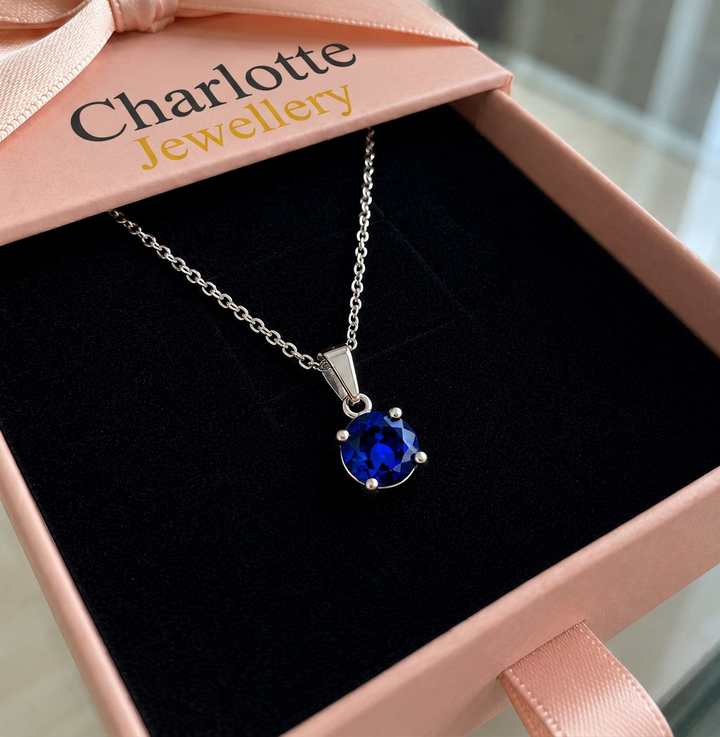 Round Cut Sapphire Necklace | White Gold
