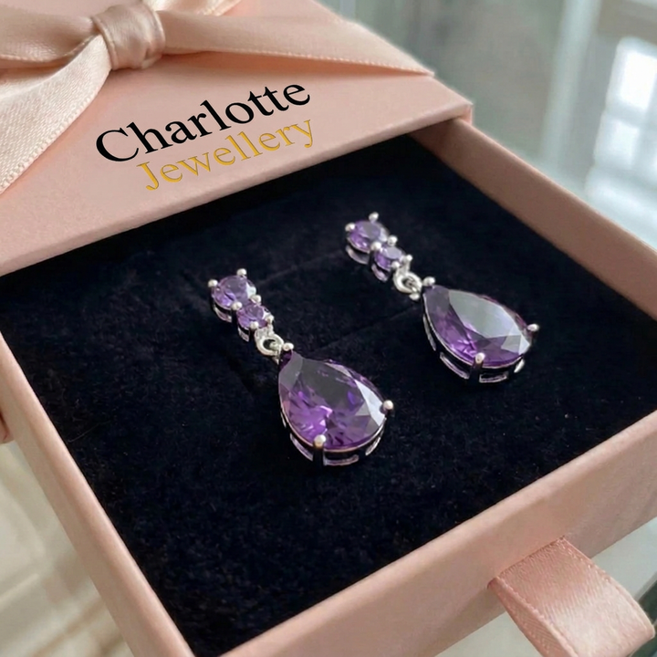 Amethyst Drop Earrings | White Gold