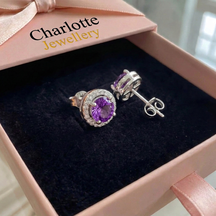 Amethyst Round Pavé Earrings | White Gold